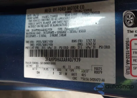 2010 Ford Fusion Se from USA, damaged, VIN 3FAHP0HAXAR407939